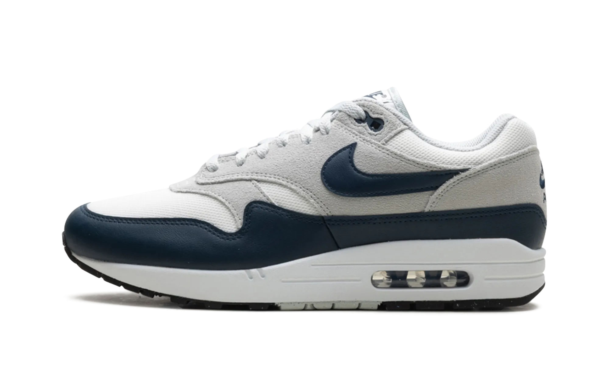 AIR MAX 1 ESSENTIAL "Summit White/Armory Navy-Light Silver" running in the heat shoes wide - fit running gear