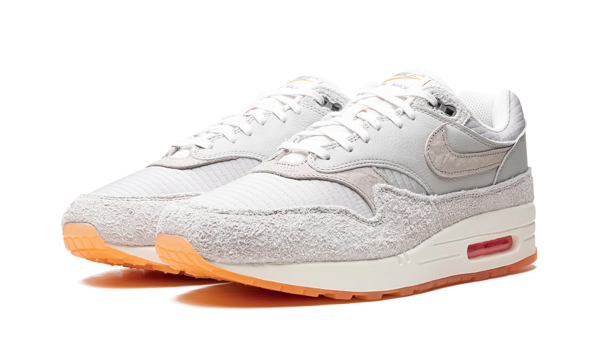 Air Max 1 "Light Iron Ore / Total Orange" breathable mesh performance