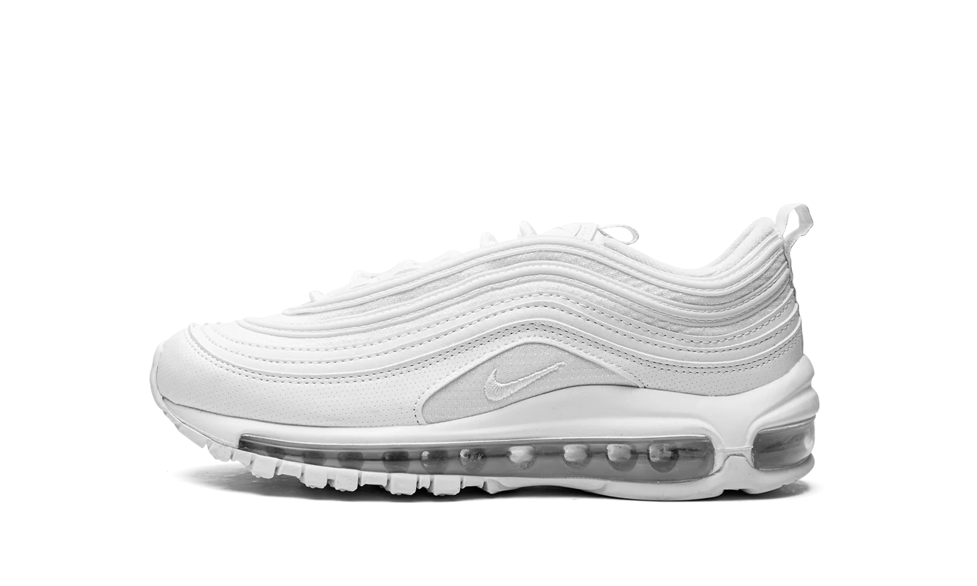 Air Max 97 GS "White / Metallic Silver" running with a water bottle