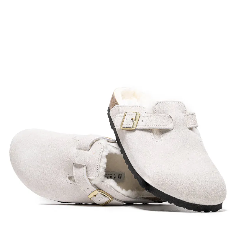 Women's Birkenstock Boston Shearling Suede - Antique White Easy Step In Motion Comfort
