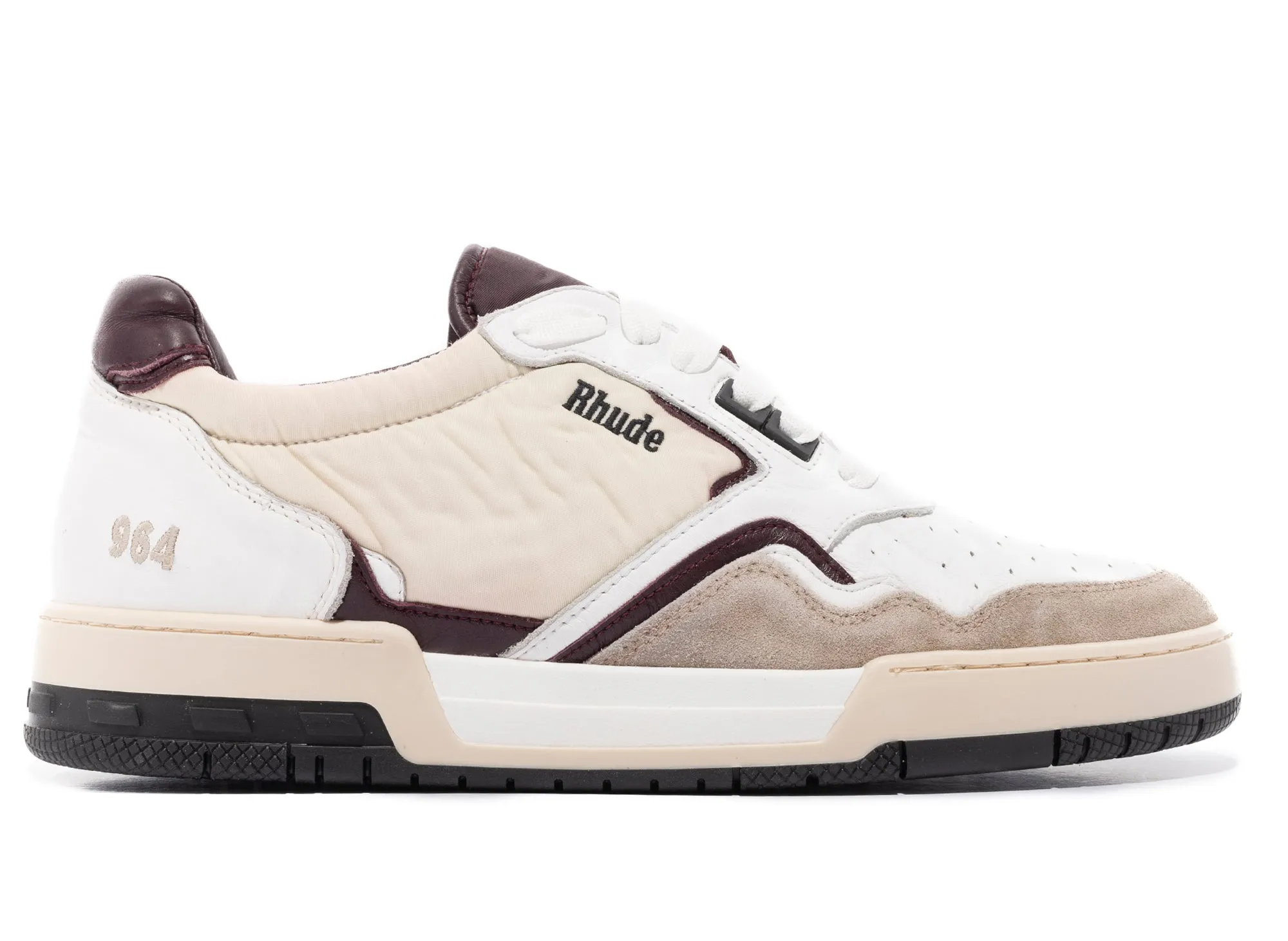 Rhude Racing Sneaker in White / Maroon / Beige Wide toe box Bright tone