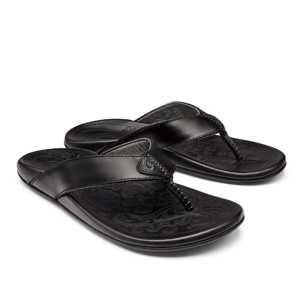 Resort Ready Olukai Mekila Leather Beach Sandals - 10488-4040 Black