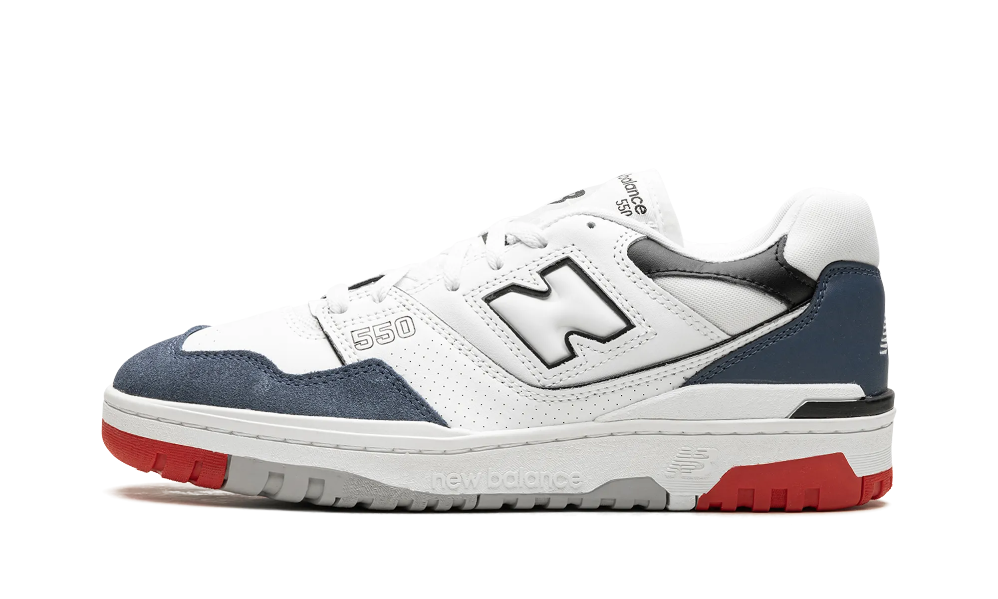550 "White/Navy/Red" rigid insole shoes running in a yoga studio shoes