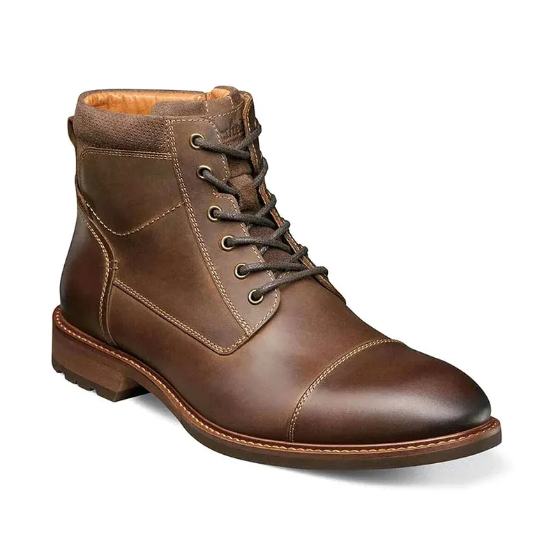 Men's Lodge Cap Toe Lace Up Boot Brown Embossed Patterns Gloss Shine