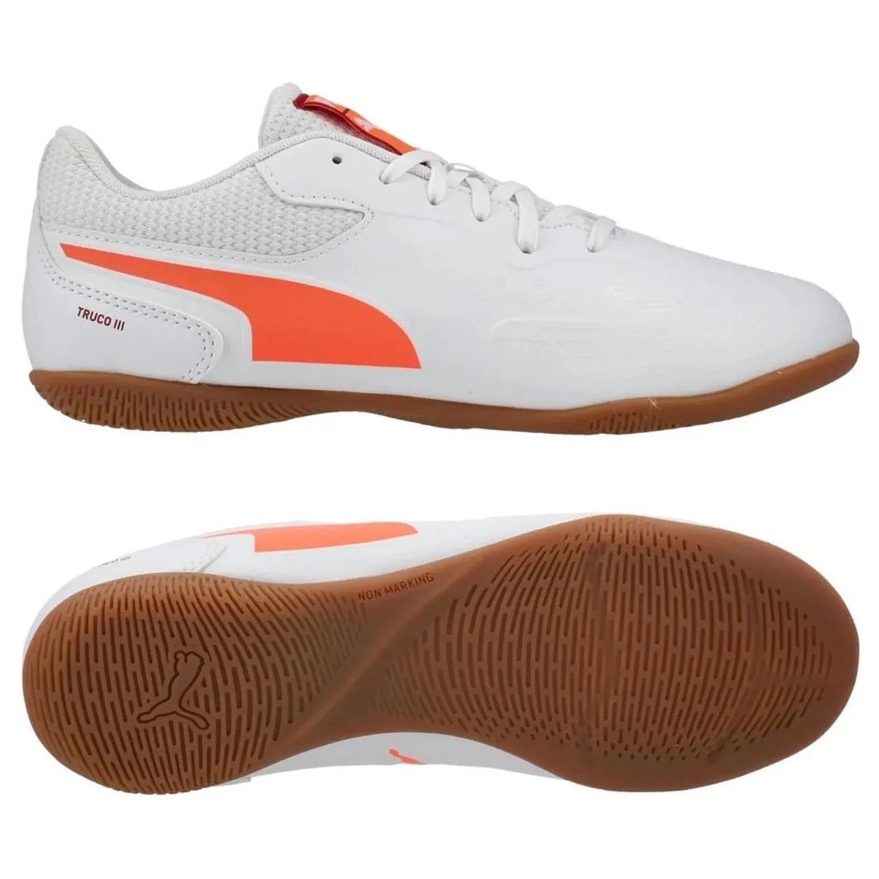 Relaxed Look Wide toe box Puma Truco III Jnr IN Indoor Football Shoes (White/Glowing Red/Dark Crimson)