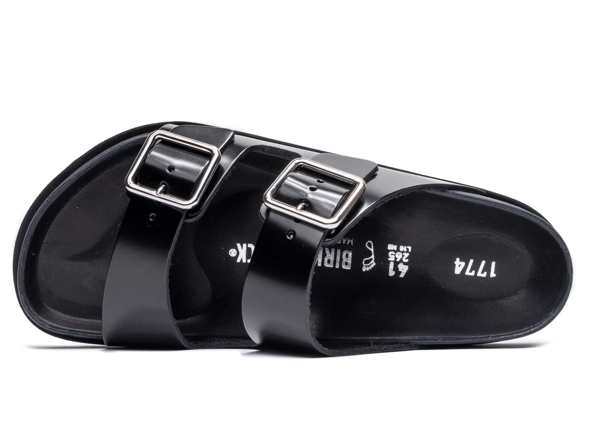 Birkenstock 1774 Arizona Shiny Leather in Black Digital Run Breathable Lining