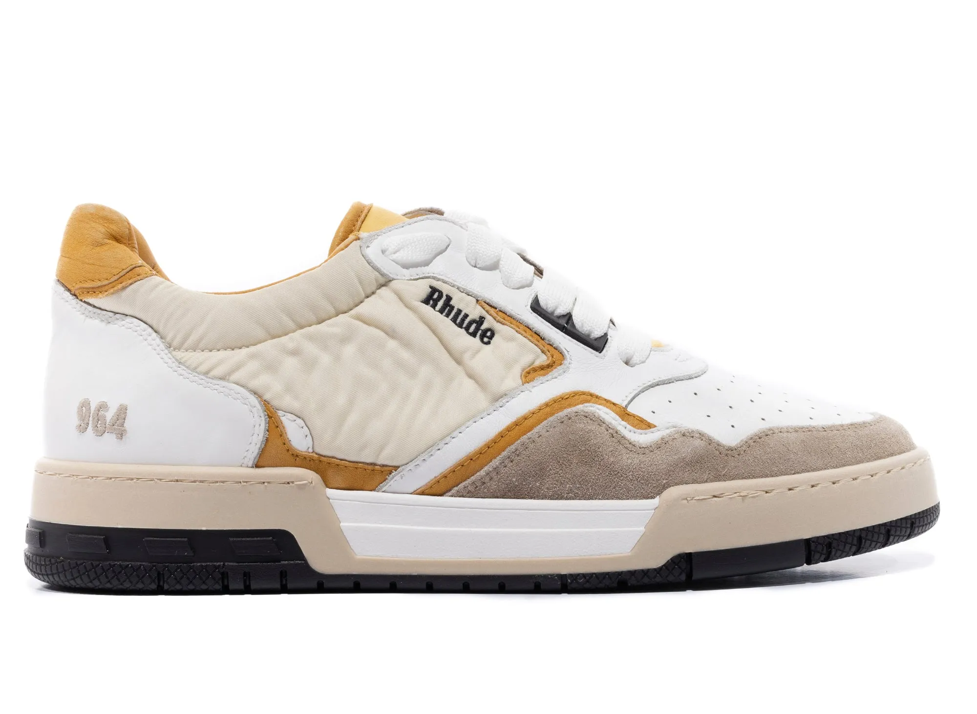 Rhude Racing Sneaker in White / Mustard / Beige Soft Material Mesh Upper