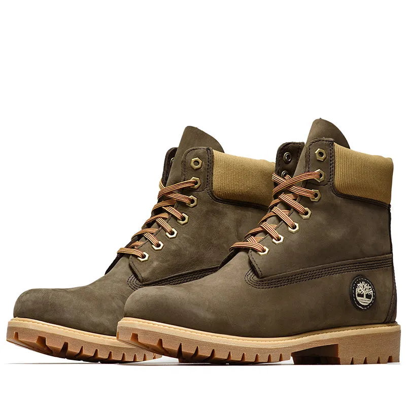 Timberland Premium 6" Lace Up Waterproof Boot - Dark Brown/Nubuck Olive Comfortable Upper Padded Interior Nature Lover