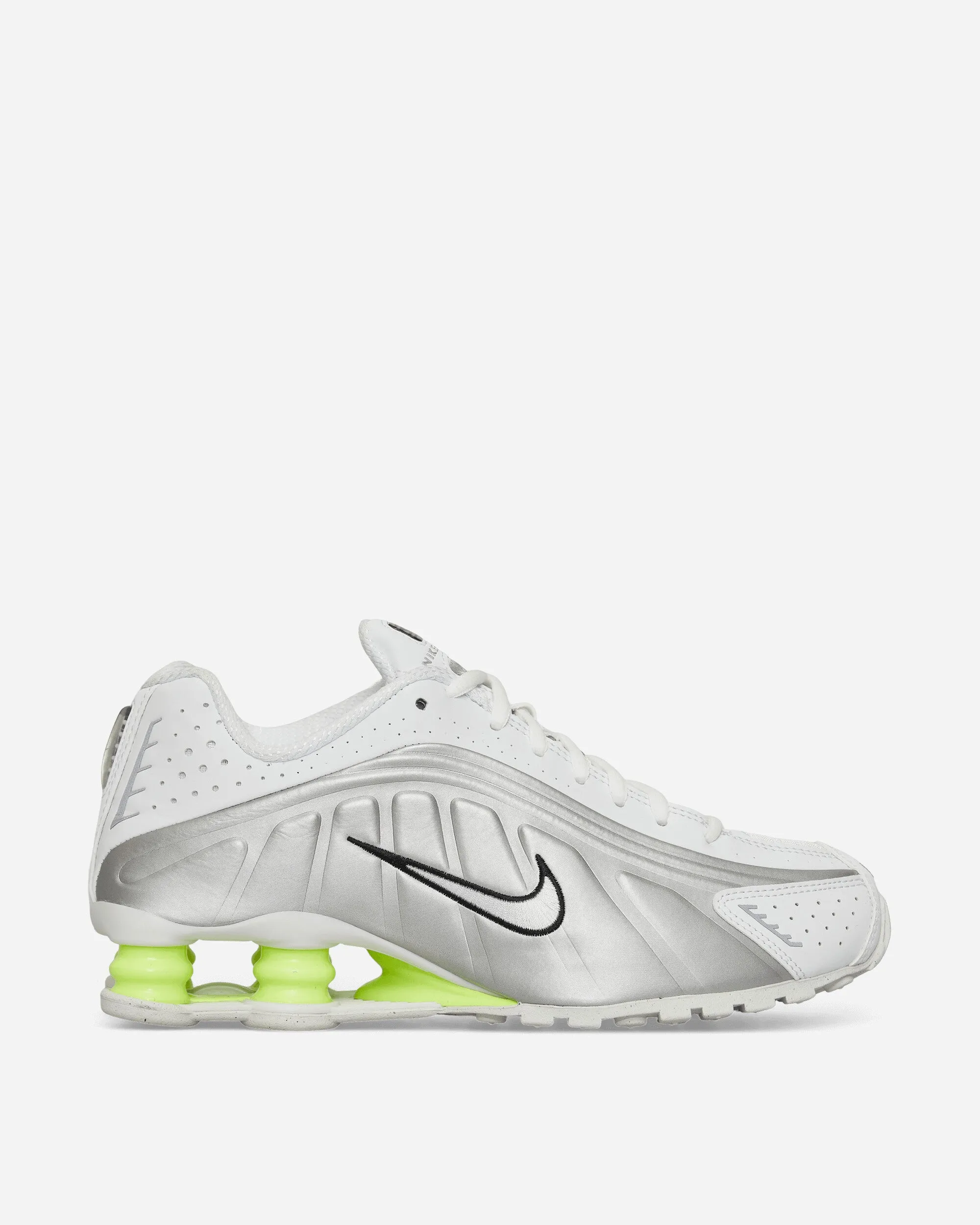 Neutral Stability Base Women's Shox R4 Sneakers White / Metallic Silver / Volt
